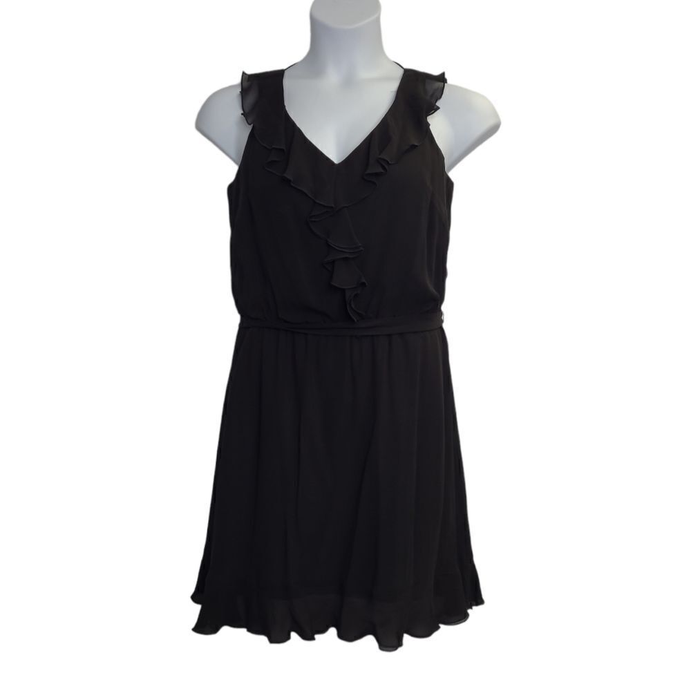 WHBM‎ black silk ruffle sleeveless LBD formal tie belt dress 8